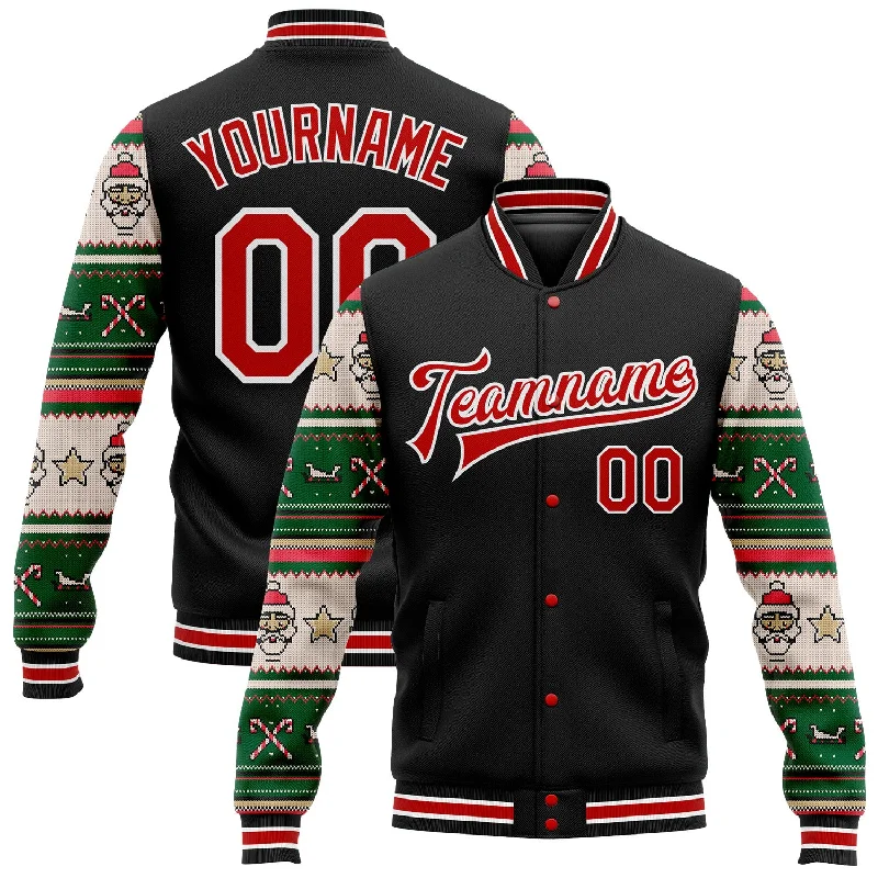 One Size Black Red-White Christmas 3D Bomber Full-Snap Varsity Letterman Jacket