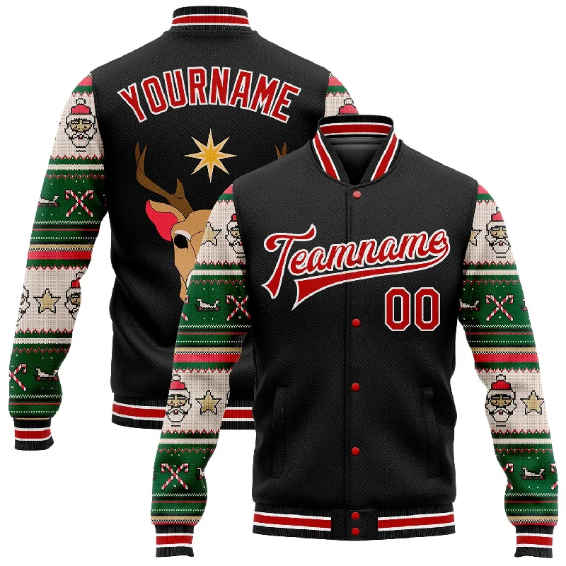 One Size Black Red-White Christmas 3D Bomber Full-Snap Varsity Letterman Jacket