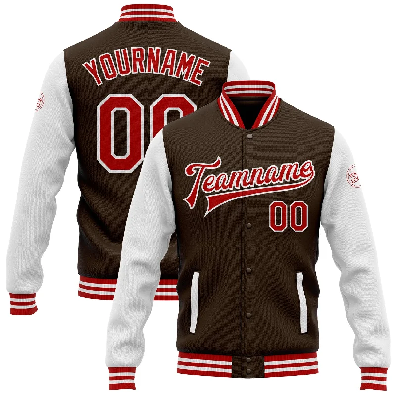 One Size Brown Red-White Bomber Full-Snap Varsity Letterman Two Tone Jacket