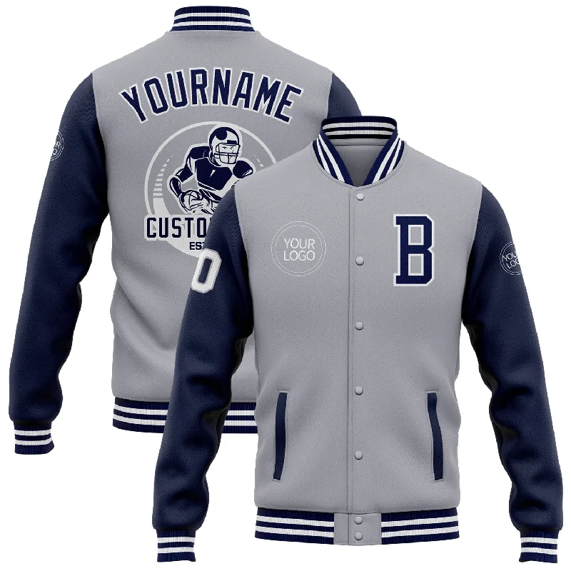 One Size Gray Navy-White Bomber Full-Snap Varsity Letterman Two Tone Jacket