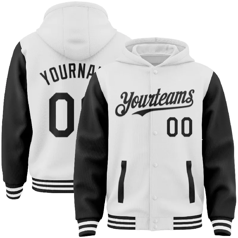 One Size White Black Bomber Full-Snap Varsity Letterman Two Tone Hoodie Jacket