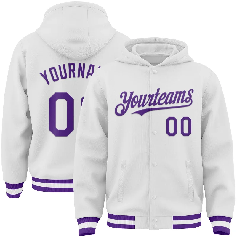 One Size White Purple Bomber Full-Snap Varsity Letterman Hoodie Jacket