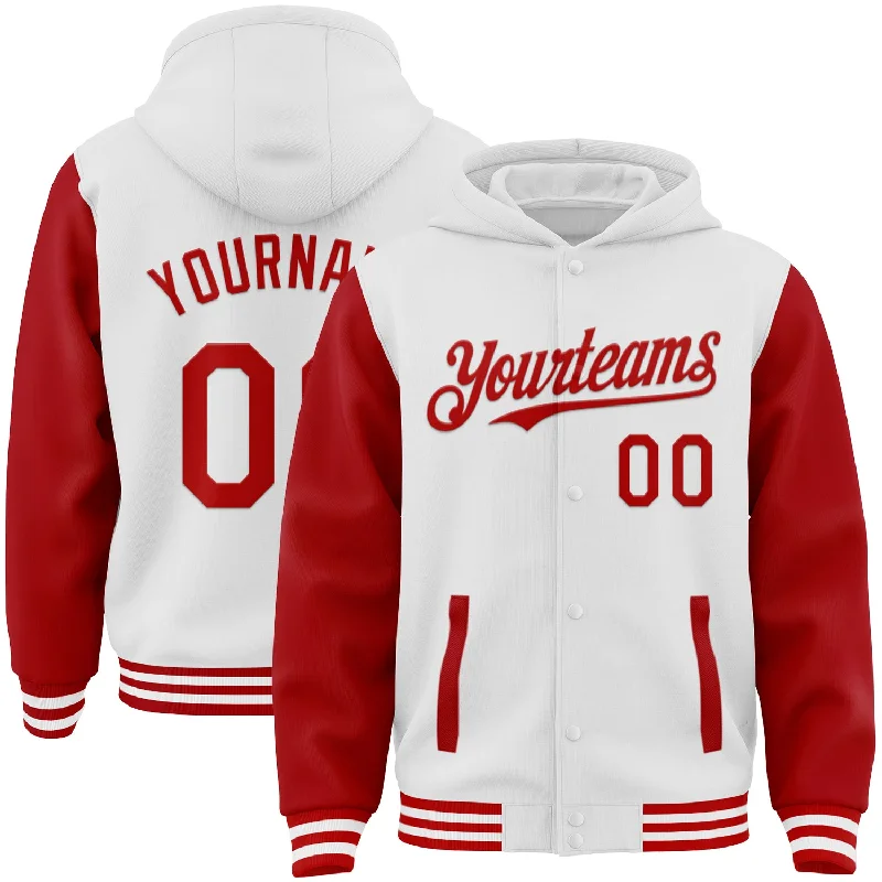 One Size White Red Bomber Full-Snap Varsity Letterman Two Tone Hoodie Jacket