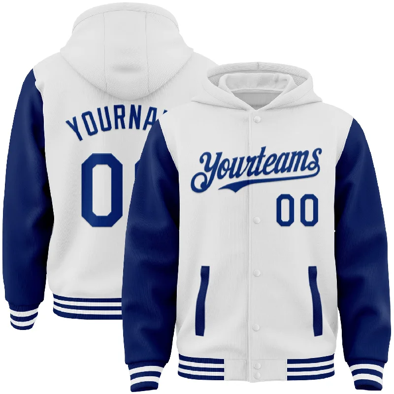 One Size White Royal Bomber Full-Snap Varsity Letterman Two Tone Hoodie Jacket