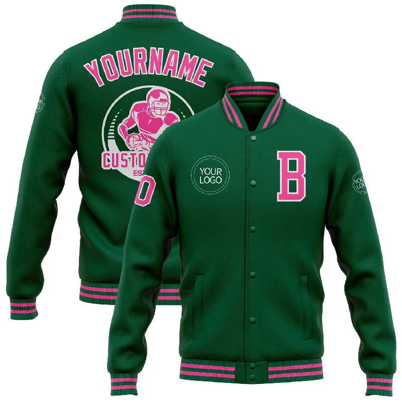 One Size Kelly Green Pink-White Bomber Full-Snap Varsity Letterman Jacket