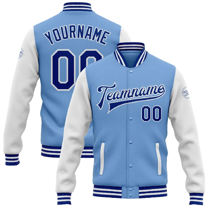 Oversized Unisex Fashion Pieces One Size Light Blue Royal-White Bomber Full-Snap Varsity Letterman Two Tone Jacket