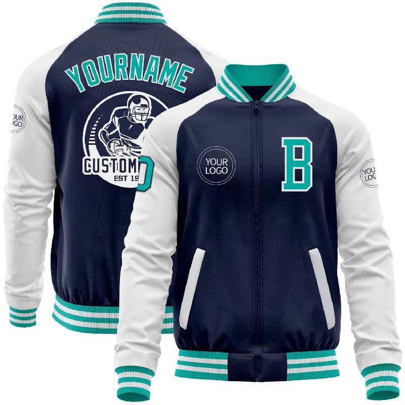 One Size Navy Aqua-White Bomber Varsity Letterman Two Tone Zipper Jacket