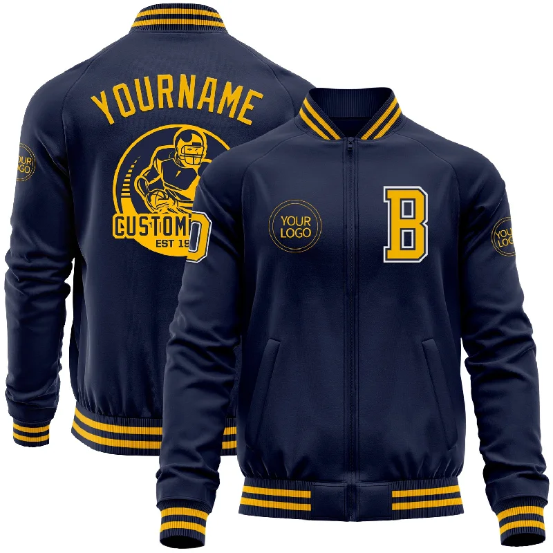 One Size Navy Gold-White Bomber Varsity Letterman Zipper Jacket