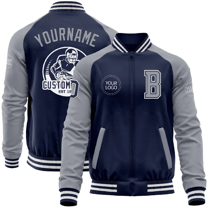 One Size Navy Gray-White Bomber Varsity Letterman Two Tone Zipper Jacket