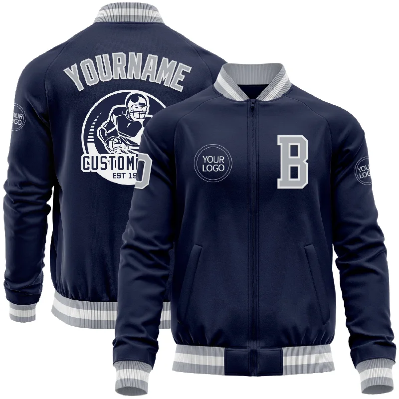 One Size Navy Gray-White Bomber Varsity Letterman Zipper Jacket