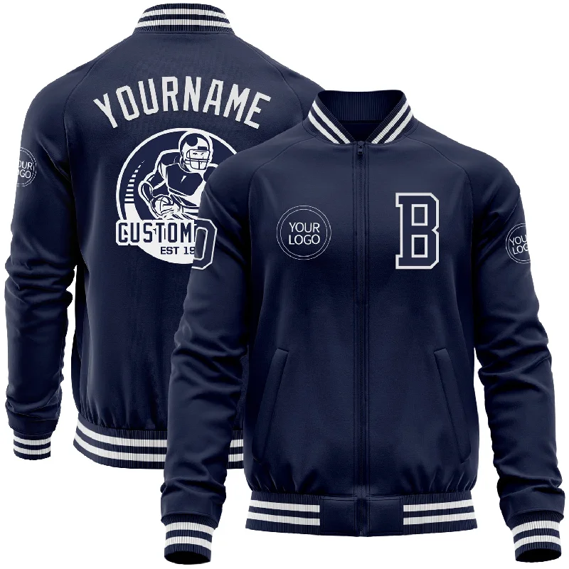 One Size Navy White Bomber Varsity Letterman Zipper Jacket