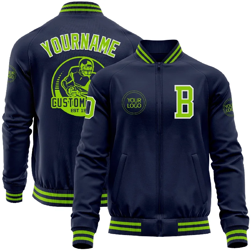 One Size Navy Neon Green-White Bomber Varsity Letterman Zipper Jacket