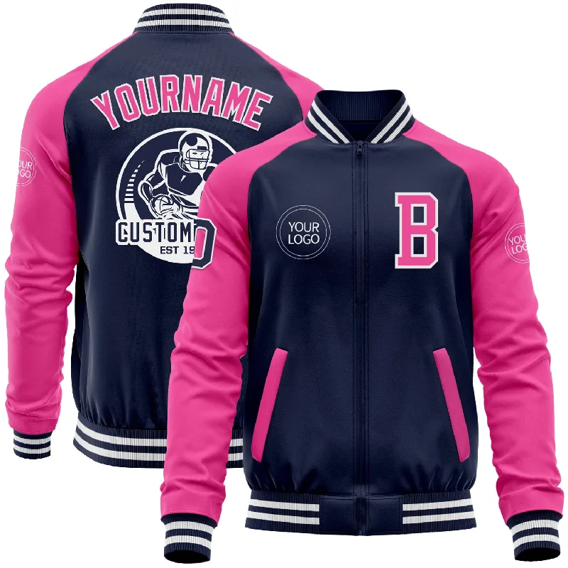 One Size Navy Pink-White Bomber Varsity Letterman Two Tone Zipper Jacket