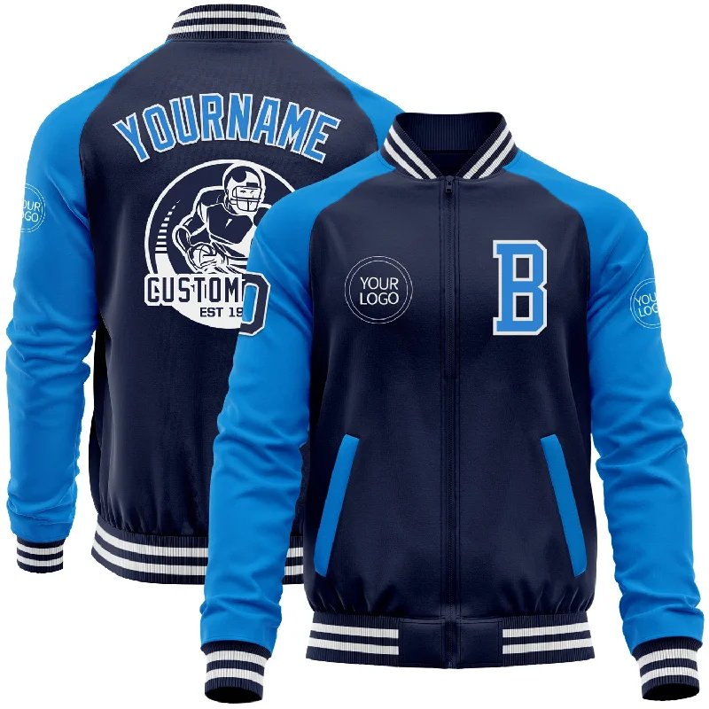 One Size Navy Powder Blue-White Bomber Varsity Letterman Two Tone Zipper Jacket