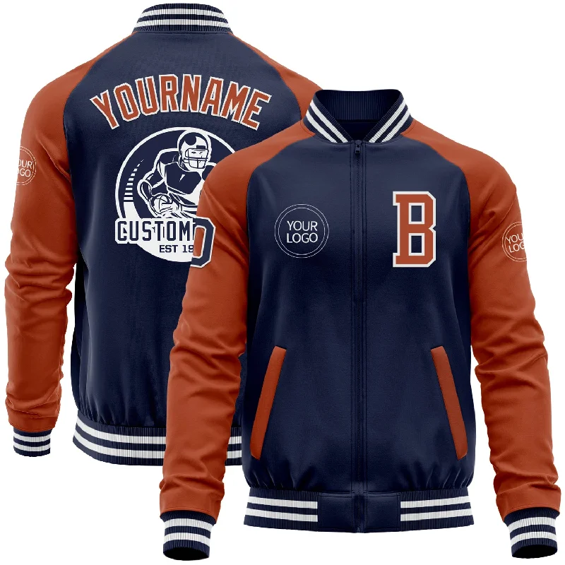 One Size Navy Texas Orange-White Bomber Varsity Letterman Two Tone Zipper Jacket