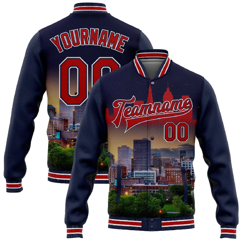 One Size Navy Red-White Cleveland Ohio City Edition 3D Bomber Full-Snap Varsity Letterman Jacket