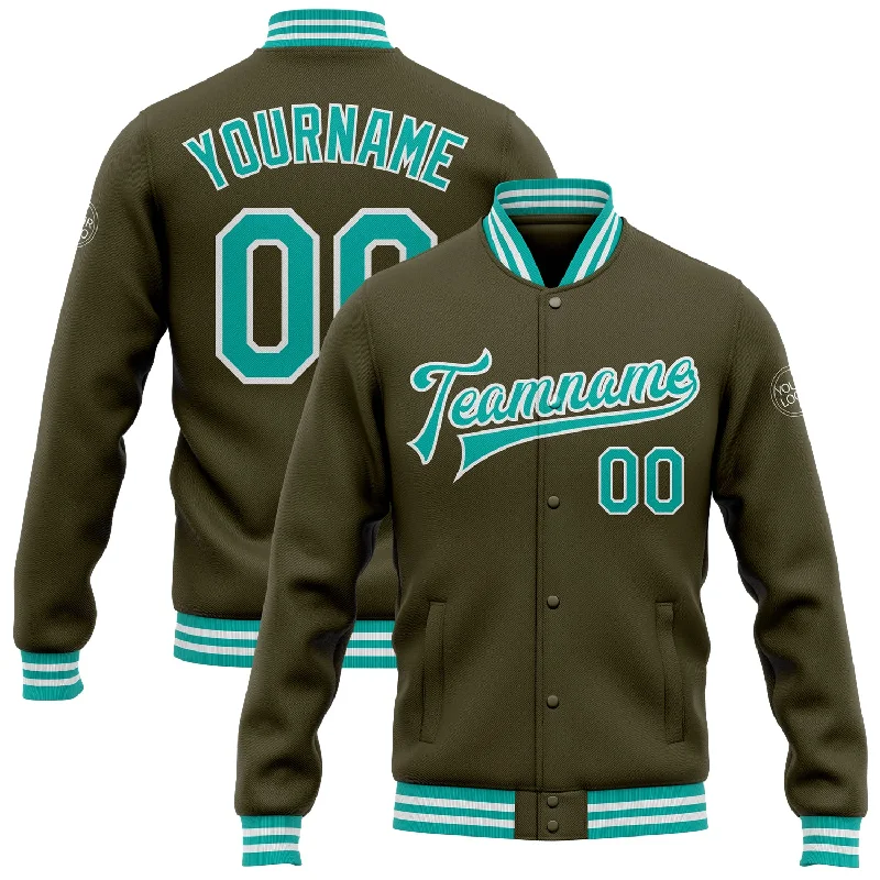 One Size Olive Aqua-White Bomber Full-Snap Varsity Letterman Salute To Service Jacket