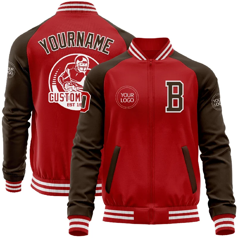Modern Unisex Wardrobe Staples One Size Red Brown-White Bomber Varsity Letterman Two Tone Zipper Jacket