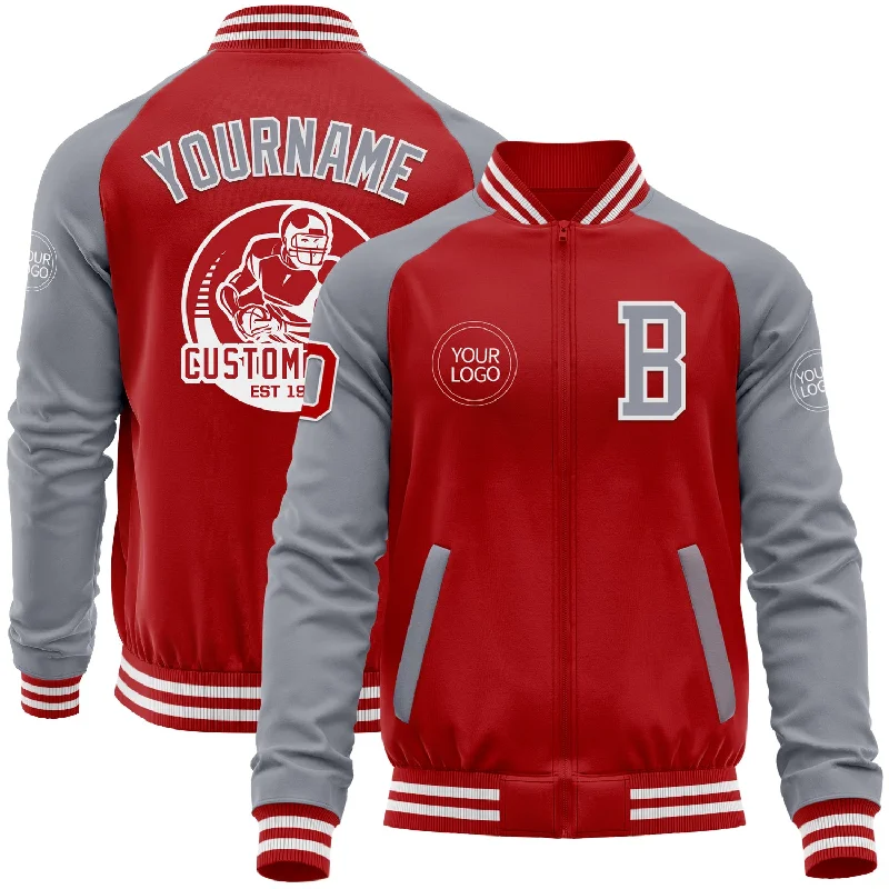 One Size Red Gray-White Bomber Varsity Letterman Two Tone Zipper Jacket