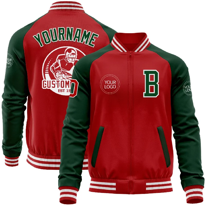 One Size Red Green-White Bomber Varsity Letterman Two Tone Zipper Jacket