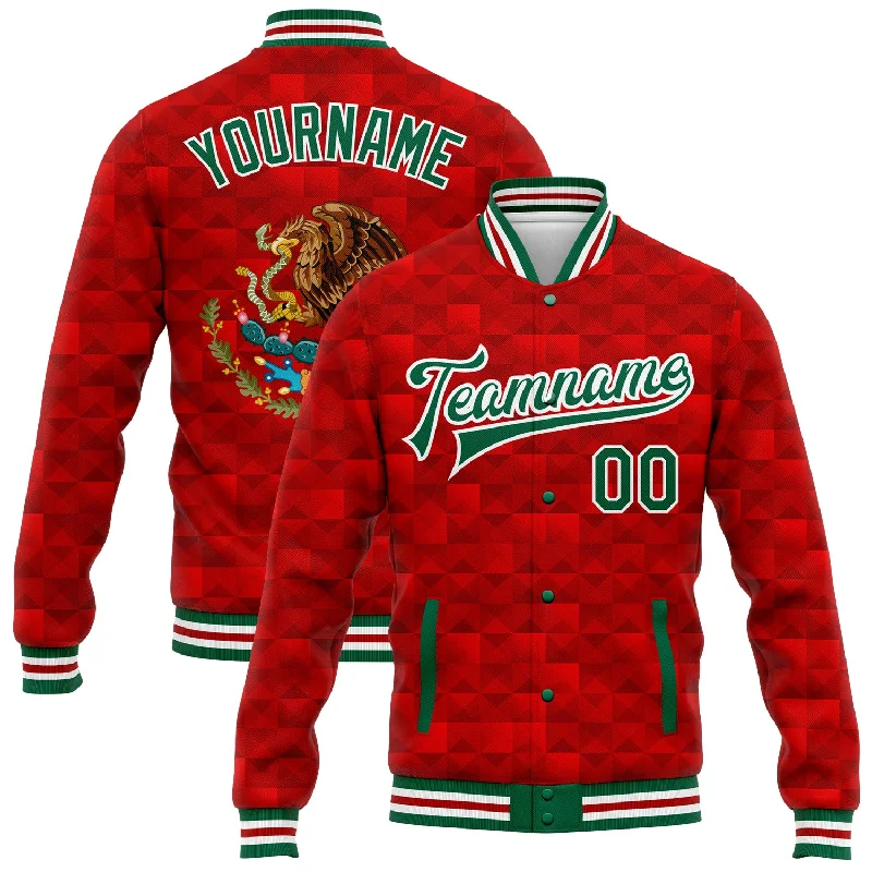 One Size Red Kelly Green-White Mexico 3D Bomber Full-Snap Varsity Letterman Jacket