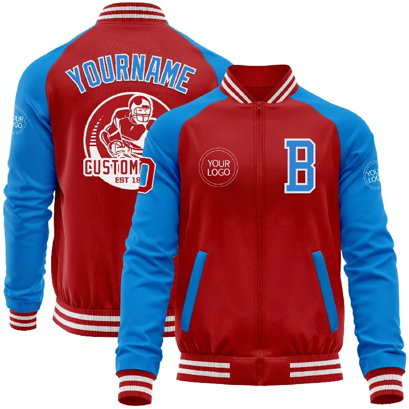 One Size Red Powder Blue-White Bomber Varsity Letterman Two Tone Zipper Jacket