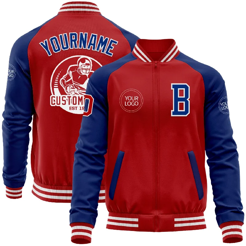 One Size Red Royal-White Bomber Varsity Letterman Two Tone Zipper Jacket