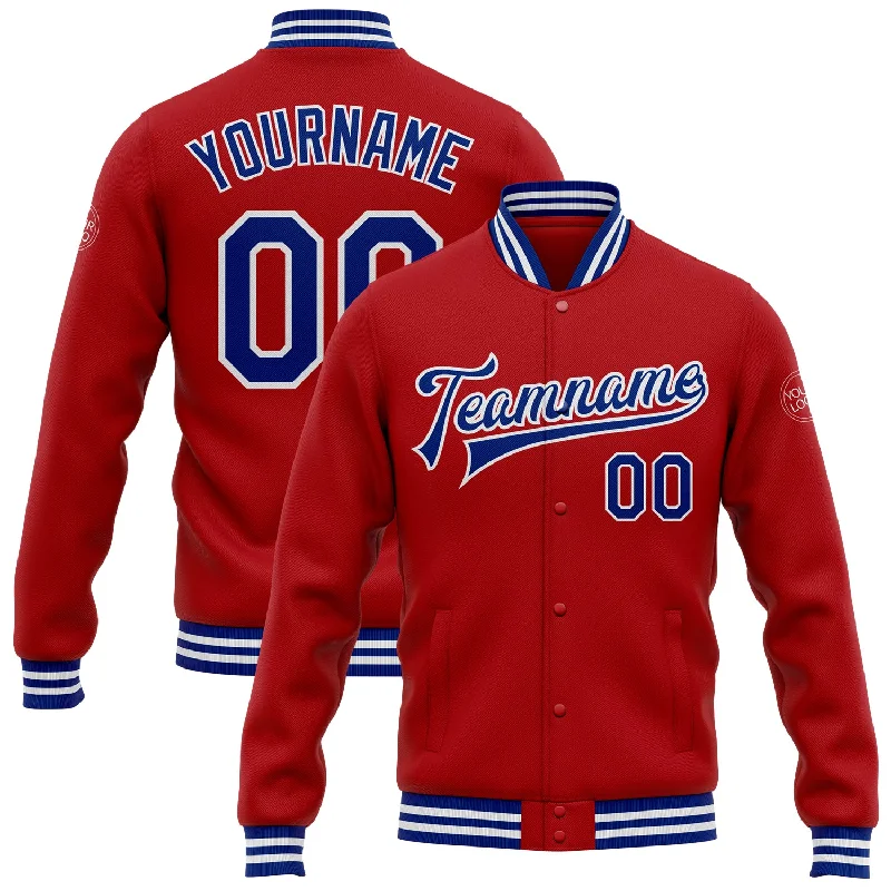 One Size Red Royal-White Bomber Full-Snap Varsity Letterman Jacket