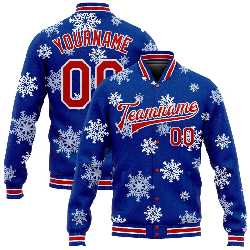 One Size Royal Red-White Christmas 3D Bomber Full-Snap Varsity Letterman Jacket