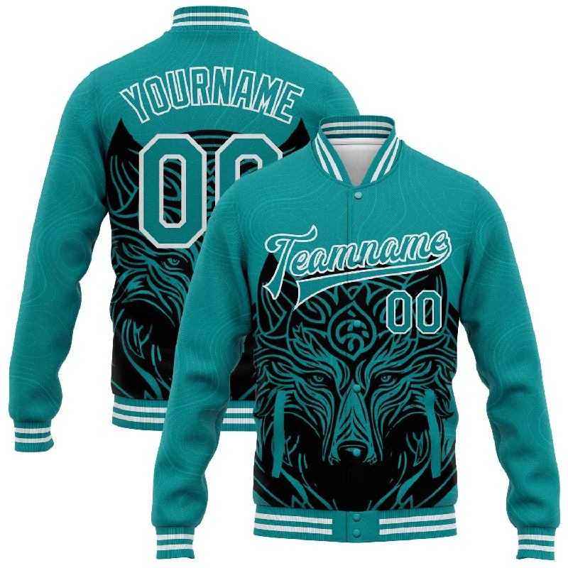 One Size Teal White Wolf Head 3D Pattern Design Bomber Full-Snap Varsity Letterman Jacket